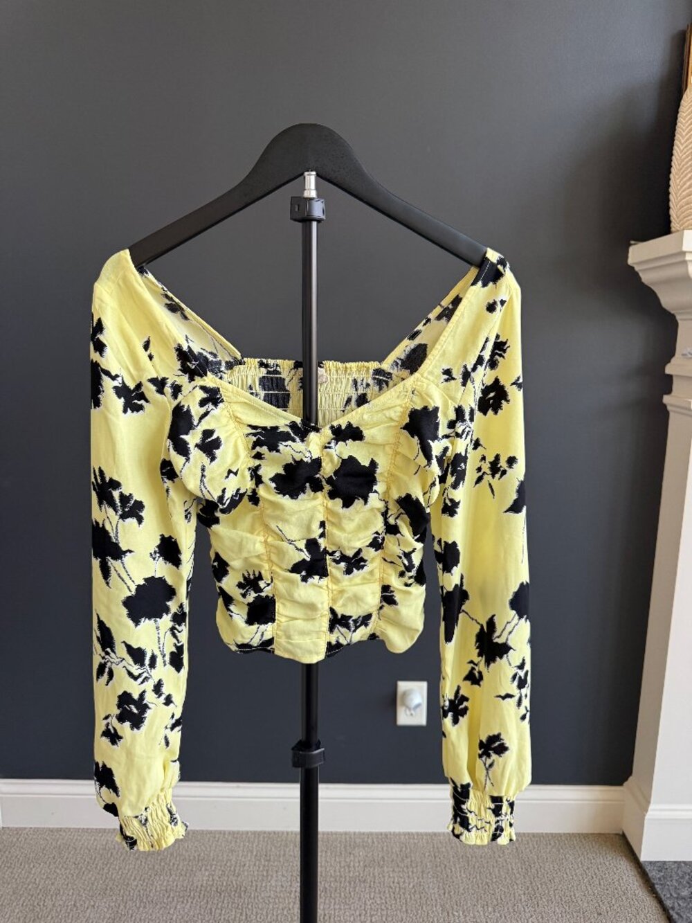 Open Edit Yellow Black Floral Ruched Top XS